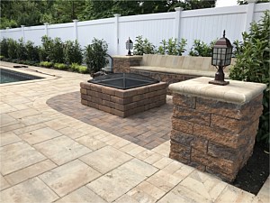 oyster blend nicolock seat wall and firepit fire pit chesapeake blend alpine ridge smooth light post column pier bullnose